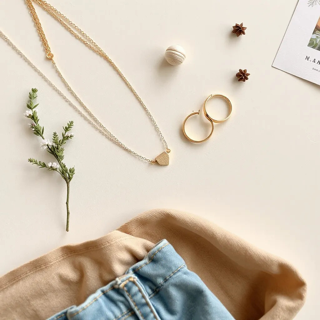 Layered necklaces, small hoop earrings, bracelet, and a minimal ring styled on a light neutral background