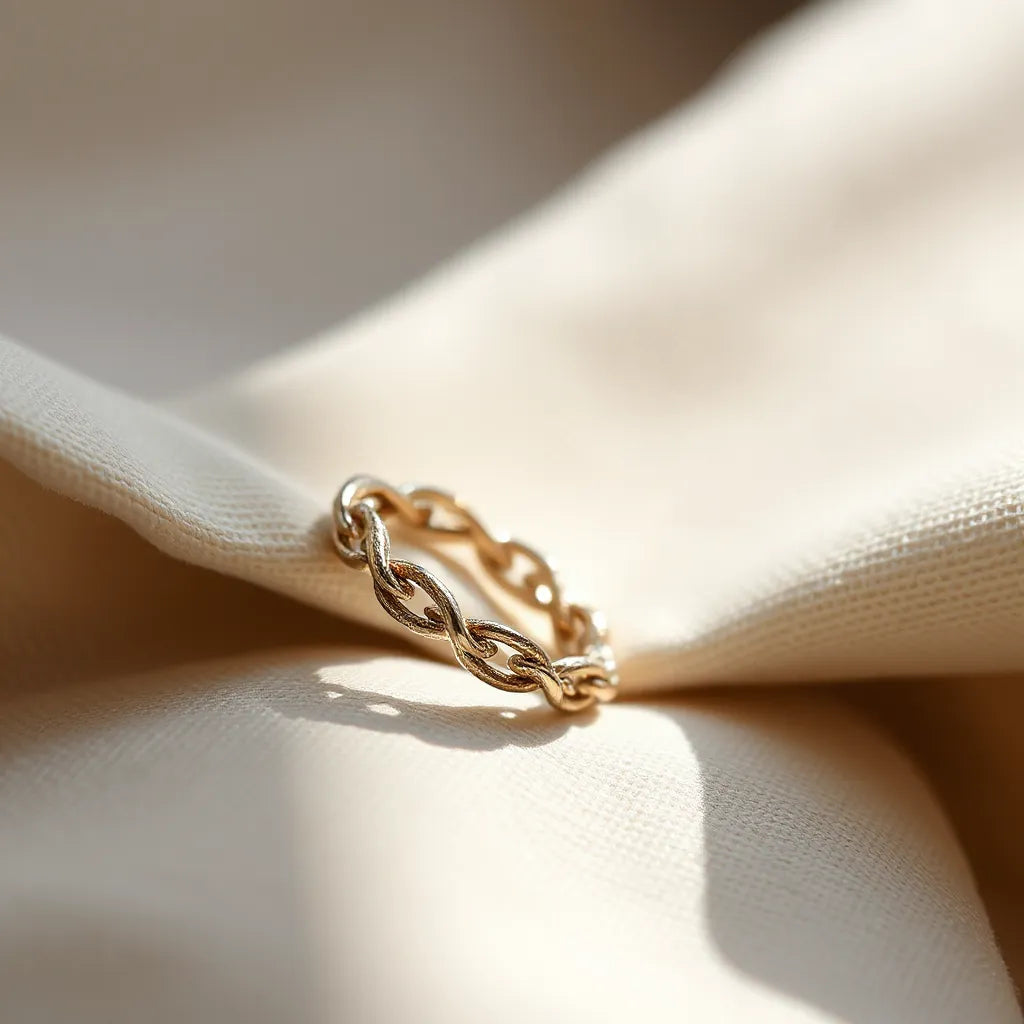 Woven chain ring with detailed braided links on a soft neutral fabric background