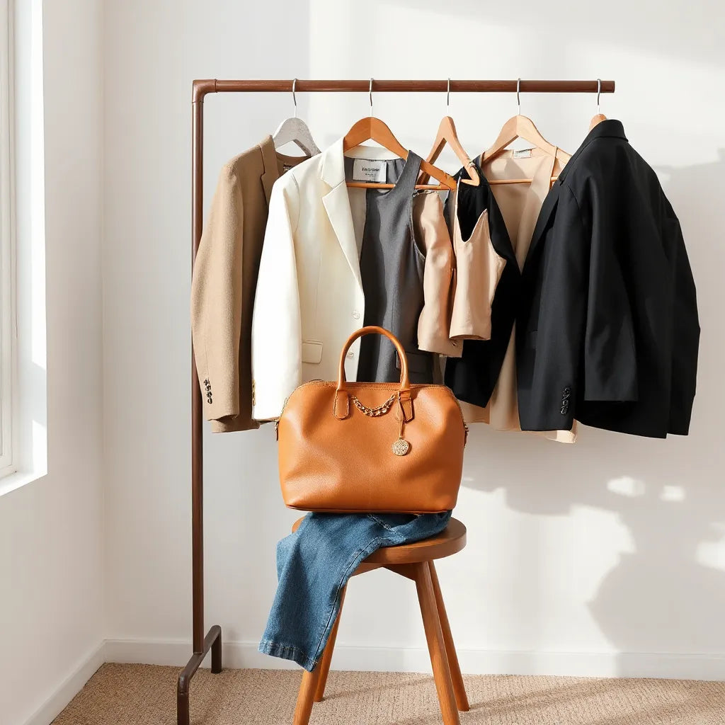 Neutrals outfit styling with blazer, blouse, handbag, and minimal jewelry in soft natural light