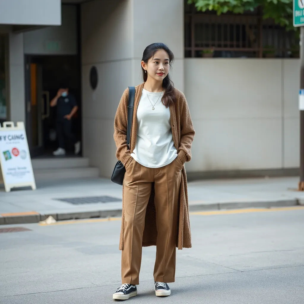 Woman in a modern Korean fashion layered outfit with straight-leg pants and minimal accessories on a Seoul street