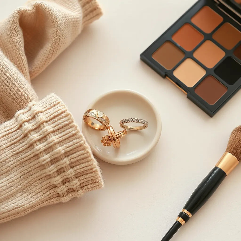 Modern rings in a silver and gold mix styled on a neutral tabletop with soft knit fabric