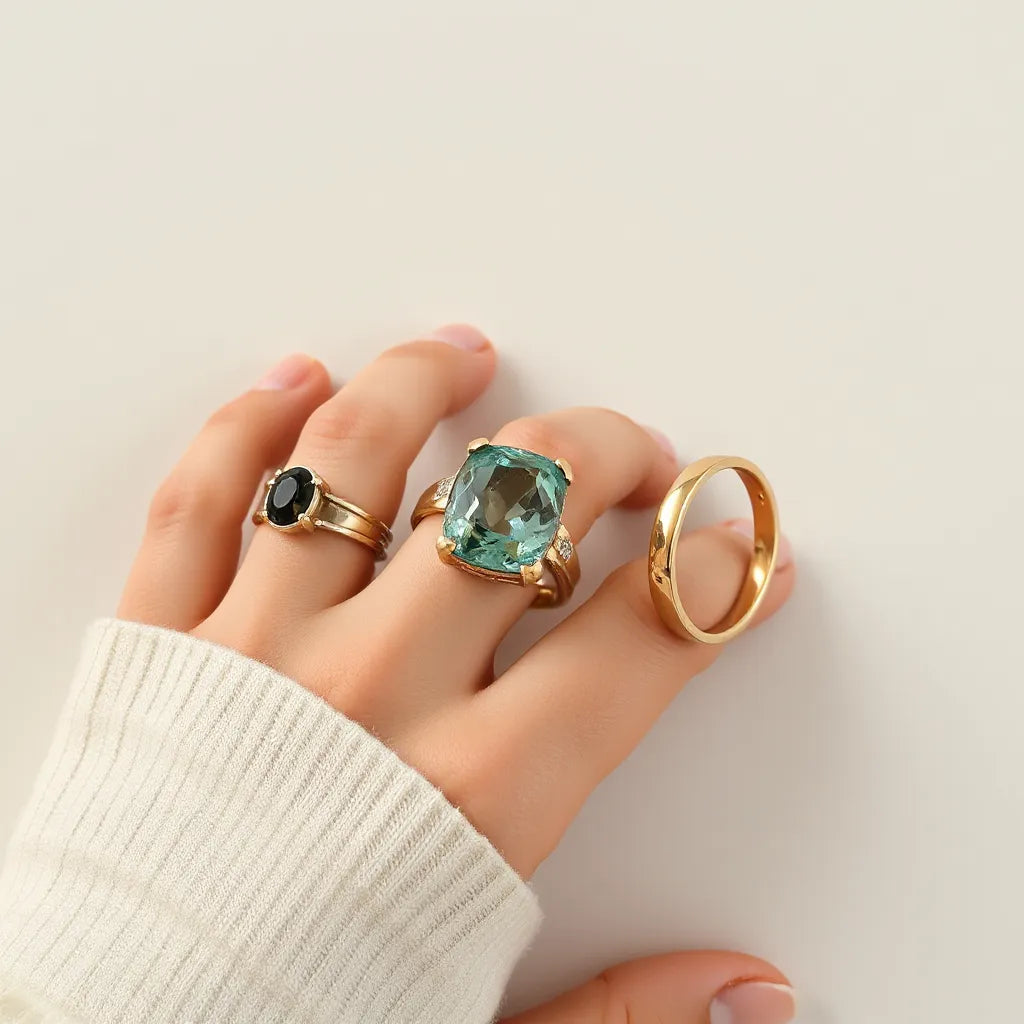 Assorted fashion finger rings displayed on a hand against a neutral background
