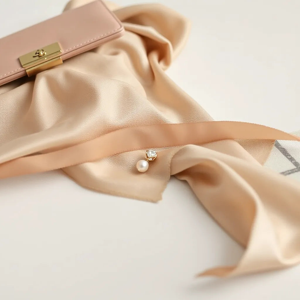 Luxury ear clip with a small gem detail on neutral satin fabric with a silk scarf nearby