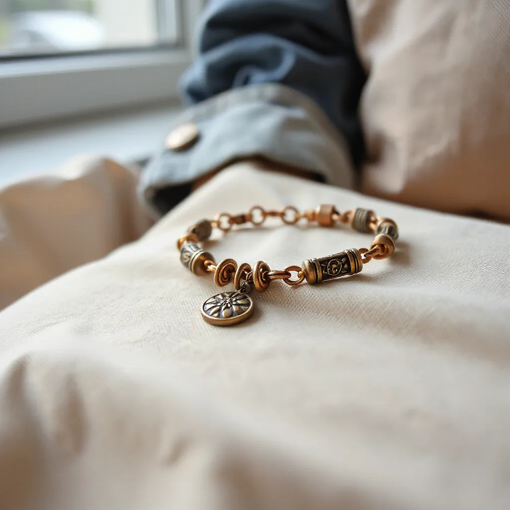 Retro-style bracelet with vintage charm details on neutral fabric under soft natural light