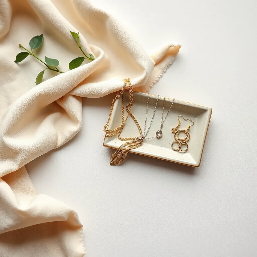 Layered necklaces, earrings, and bracelet arranged neatly on a decorative tray