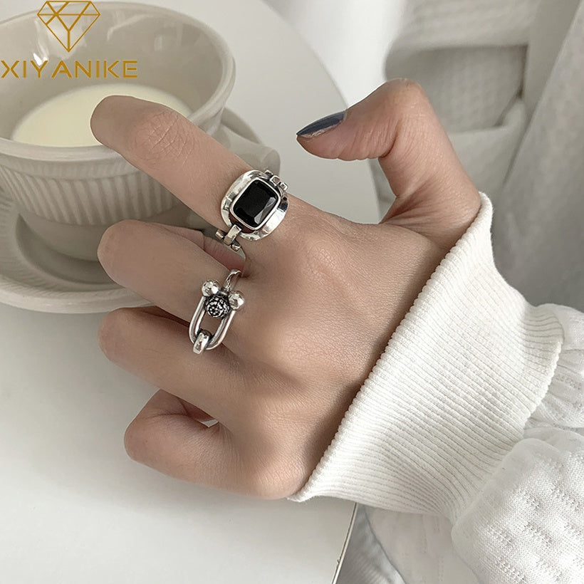 Anillo de dedo índice de apertura en forma de U negro de herradura retro al por mayor