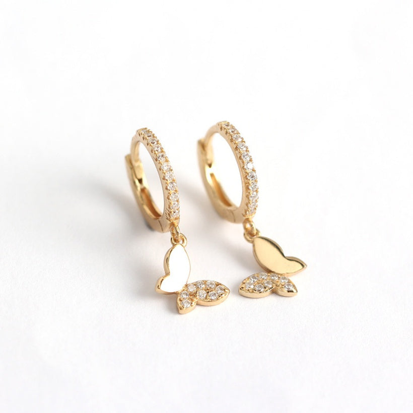 Pendientes de hebilla de oreja de anillo de oreja de diamante con colgante de mariposa coreana