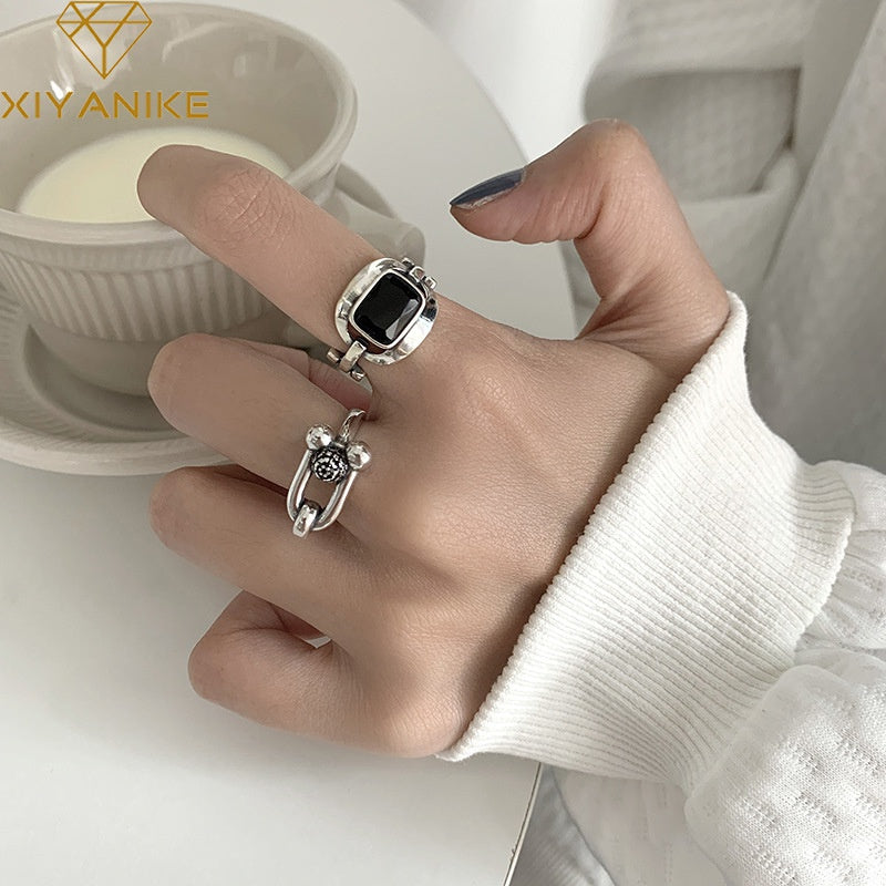 Anillo de dedo índice de apertura en forma de U negro de herradura retro al por mayor