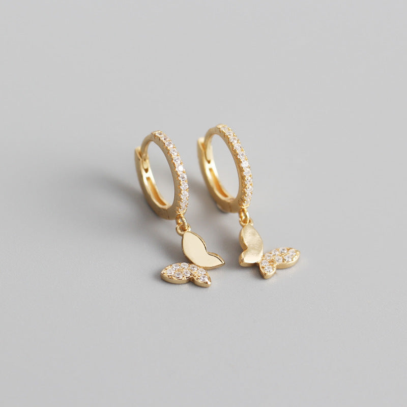 Pendientes de hebilla de oreja de anillo de oreja de diamante con colgante de mariposa coreana