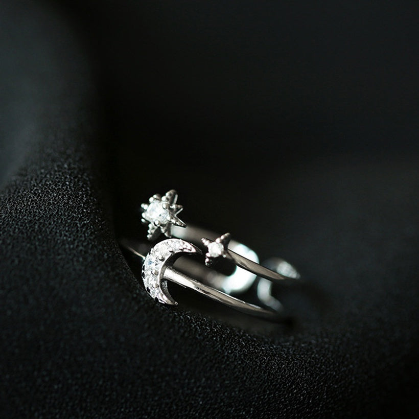 Versión coreana del anillo de apertura de luna y estrella de diamante intermitente