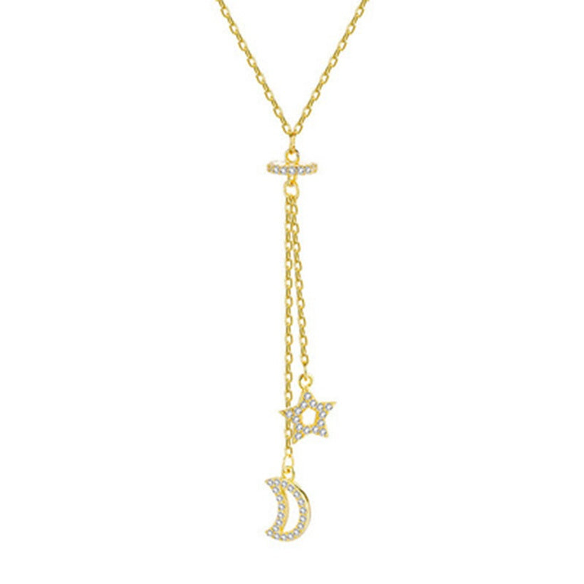 Cadena de clavícula con sentido de diseño de nicho de collar de borla de estrella y luna simple