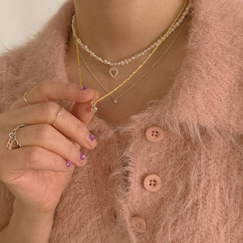 Mini collar de clavícula con colgante de corazón brillante coreano, collar de cadena trenzada de Color contrastante